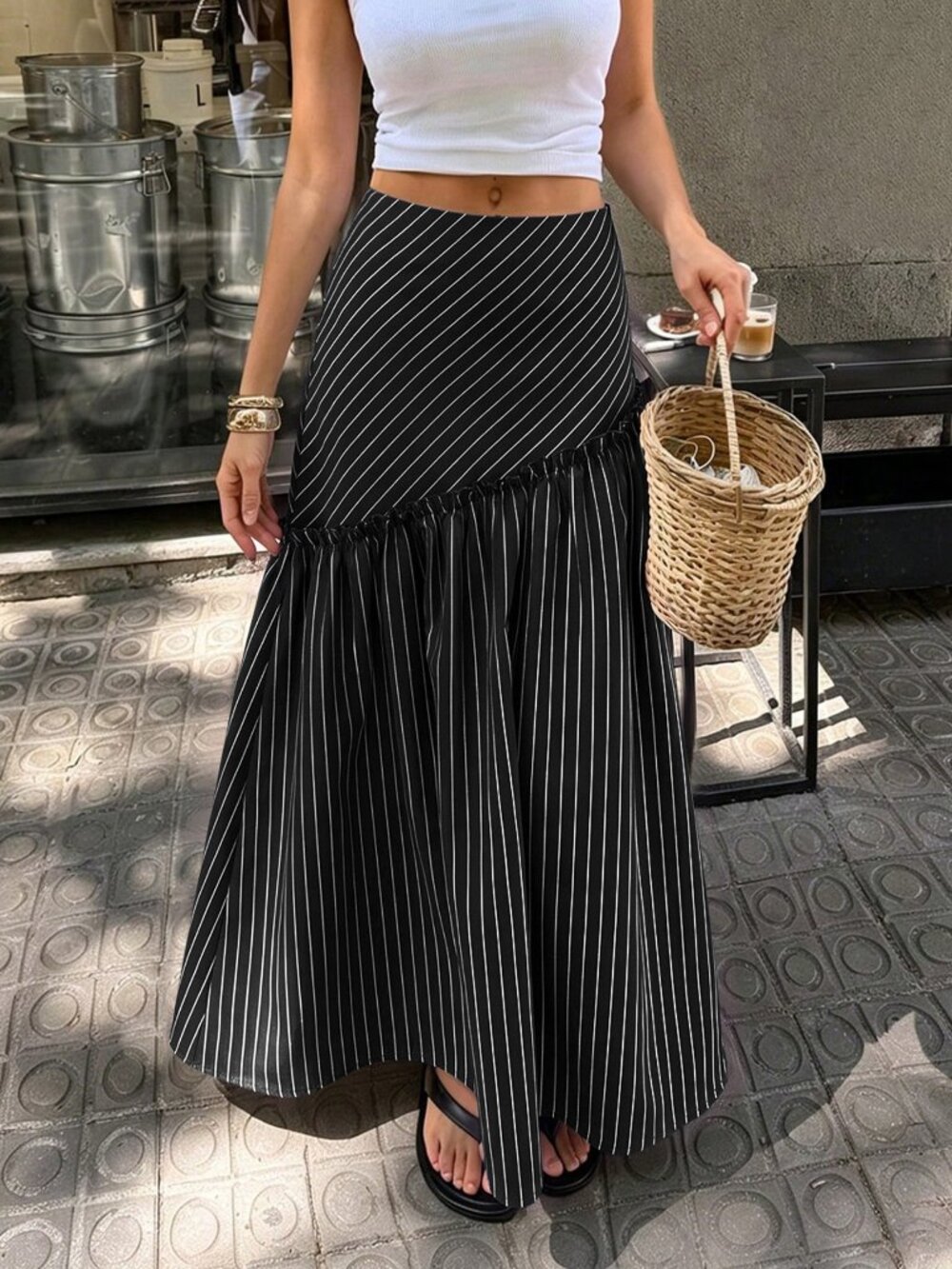 Black Casual Women's Striped High Waist Flared Frill Trim A-Line Maxi Skirt